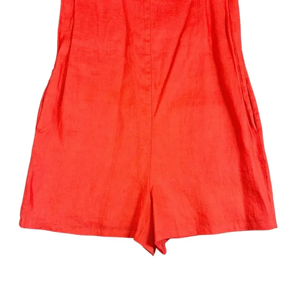Banana Republic 100% Linen Romper XS Coral Sunset Red Sleeveless Summer Coastal